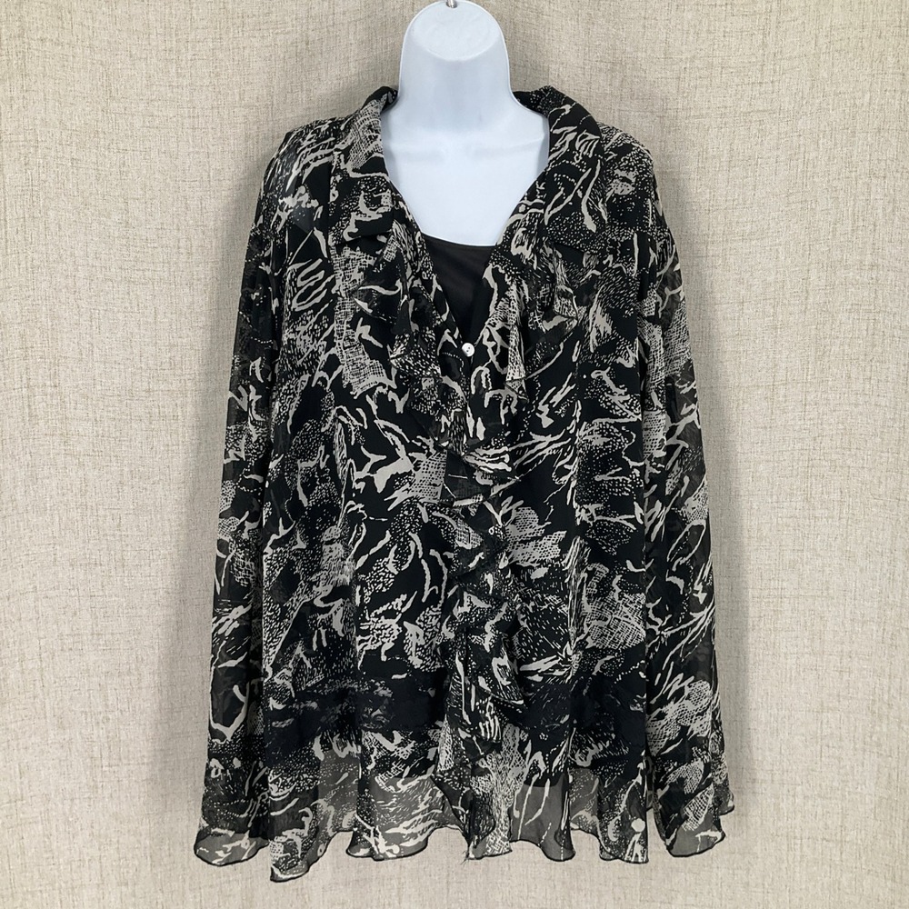 Maggie Barnes Blouse Women 4X Black White Abstract Ruffle Flowy Lined Romantic